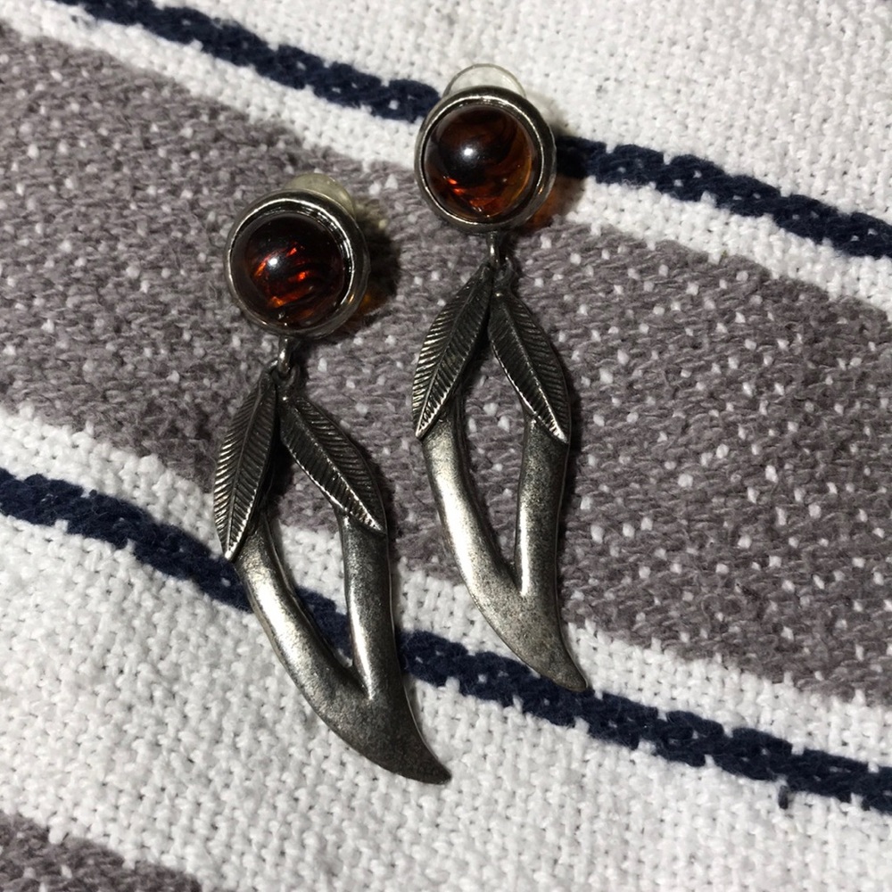 Vintage Amber Tiger-Eyed Feather Earrings